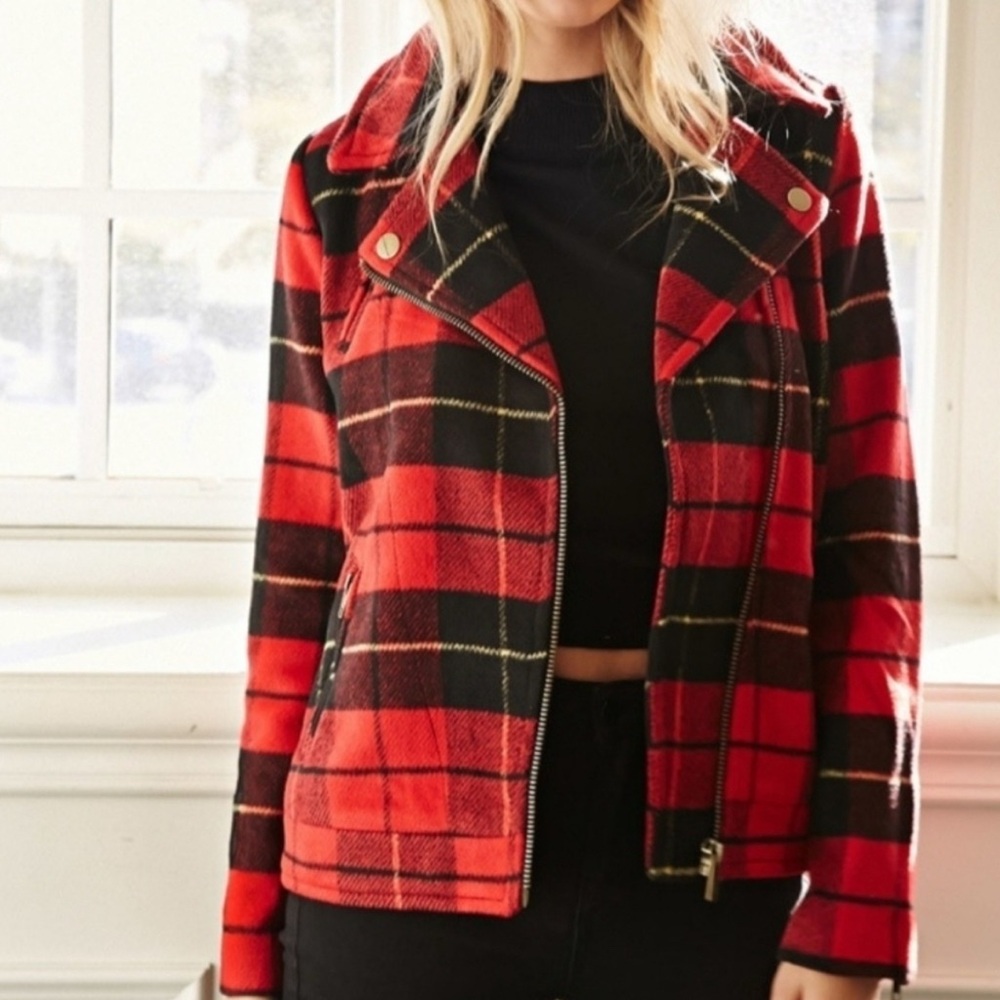 Forever 21 Premium Label Wool-blend Buffalo Plaid Moto Zip-up Coat